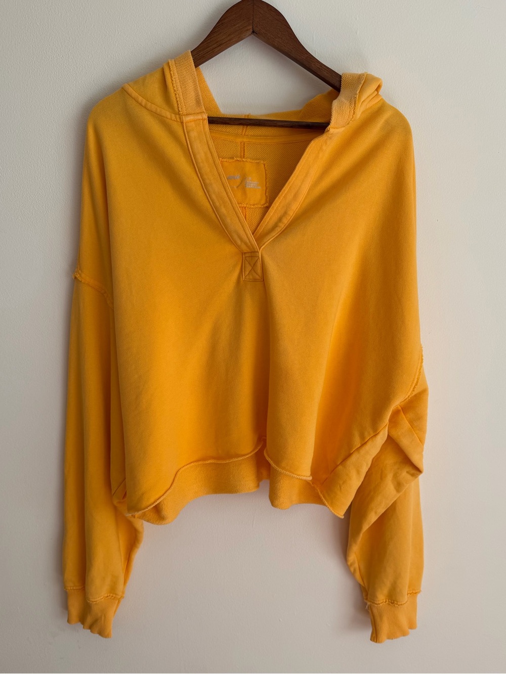 Aerie French Terry Cropped V-Neck Hoodie Light Orange Tangerine Raw Hem XL